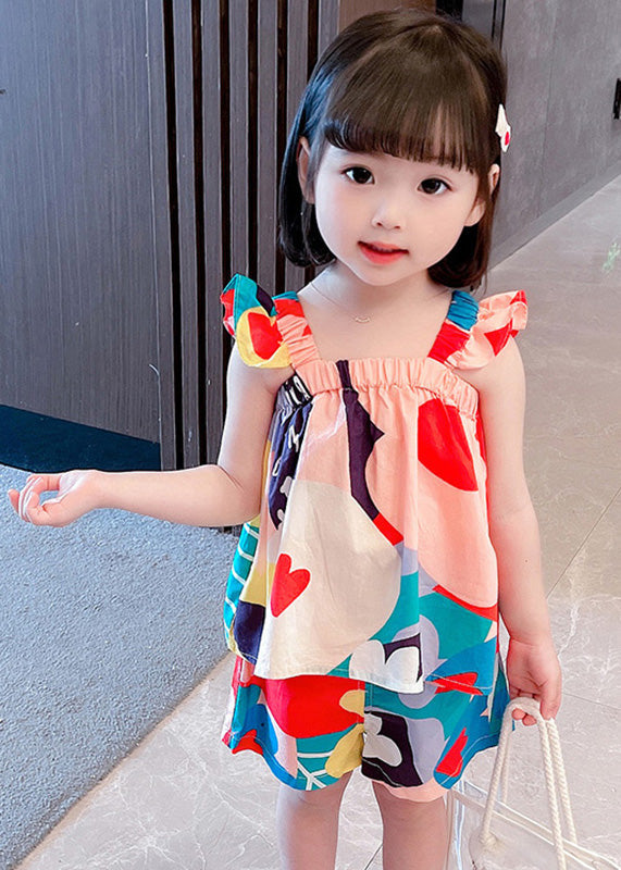 Slash Neck Print Cotton Two-Piece Set