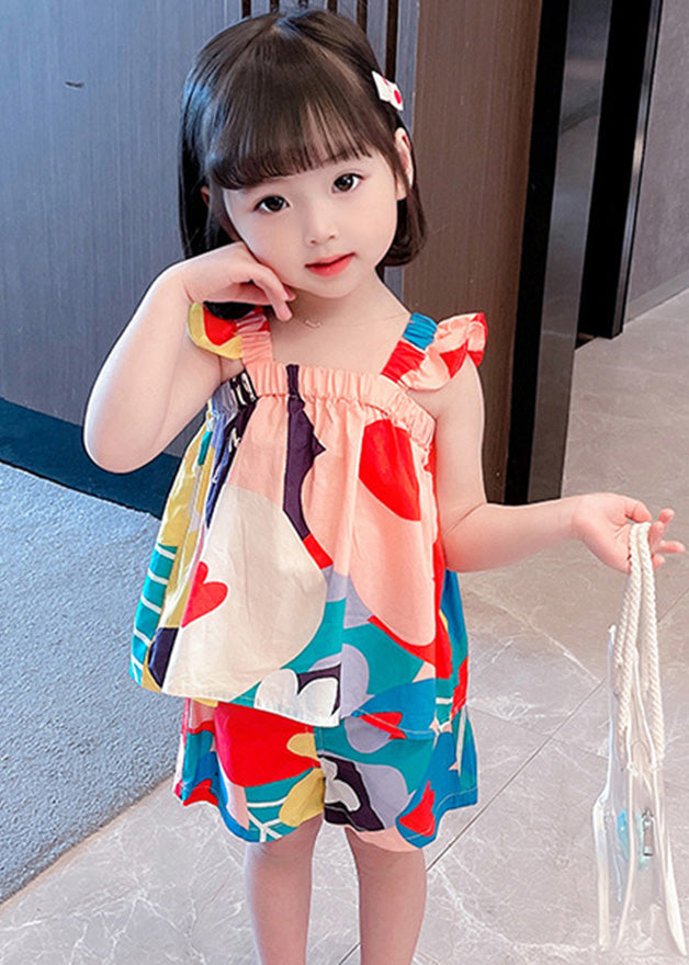 Slash Neck Print Cotton Two-Piece Set