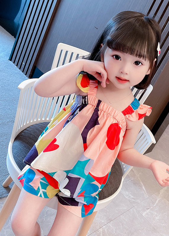 Slash Neck Print Cotton Two-Piece Set