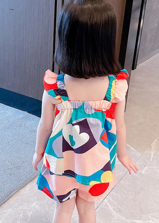 Slash Neck Print Cotton Two-Piece Set