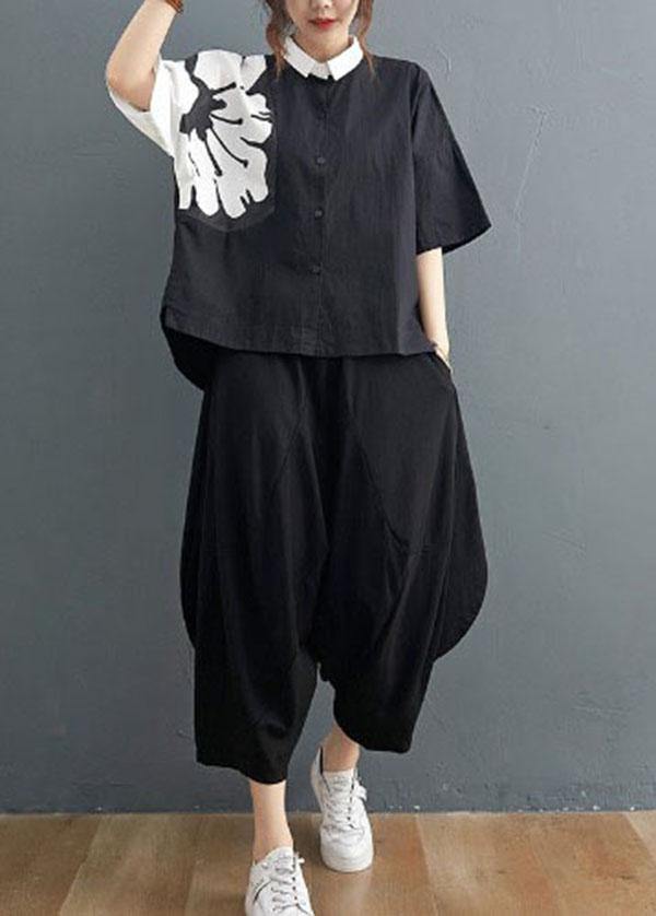 Black Cotton-Linen Collared Two-Piece Set