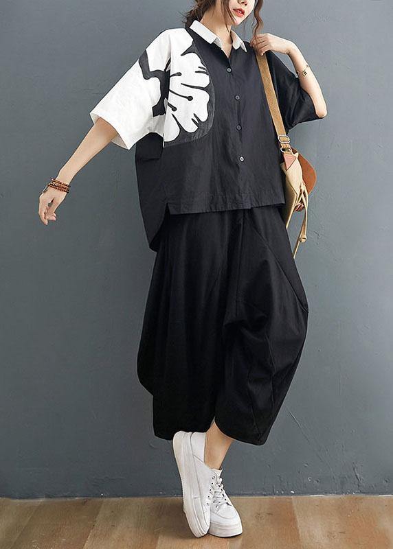 Black Cotton-Linen Collared Two-Piece Set