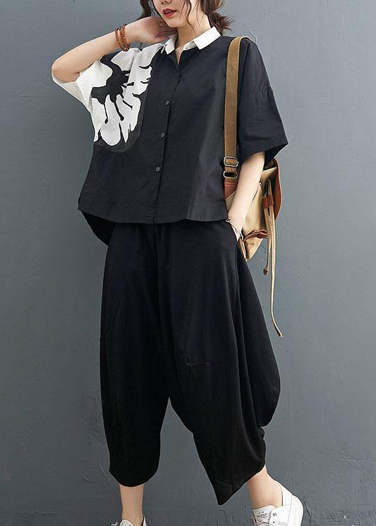 Black Cotton-Linen Collared Two-Piece Set