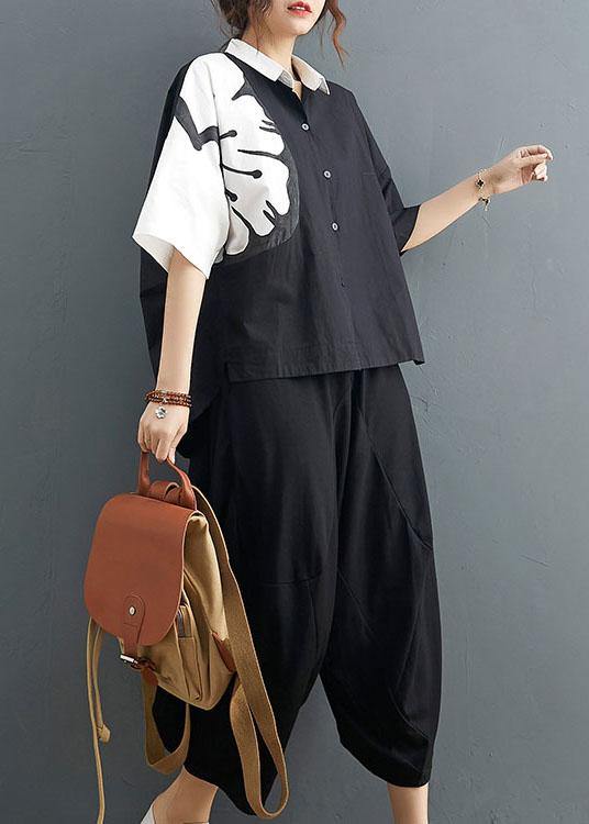 Black Cotton-Linen Collared Two-Piece Set