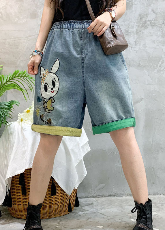 Blue Embroidered Denim Shorts