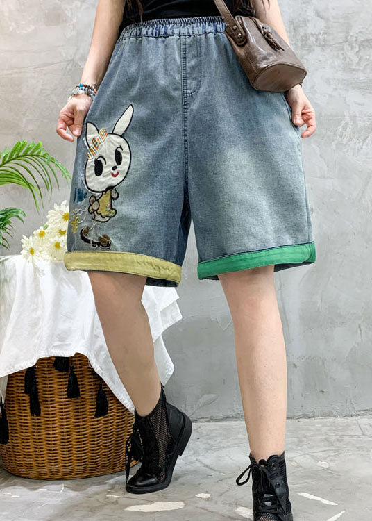 Blue Embroidered Denim Shorts