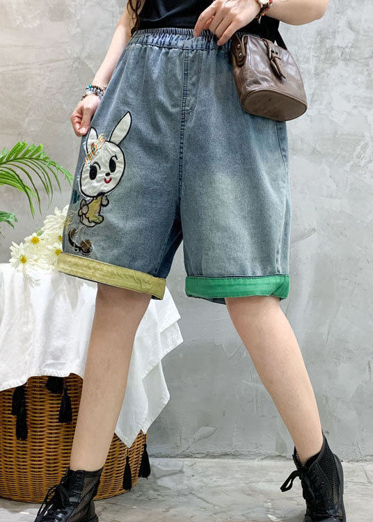 Blue Embroidered Denim Shorts