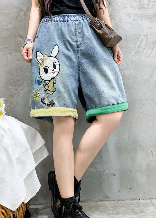 Blue Embroidered Denim Shorts