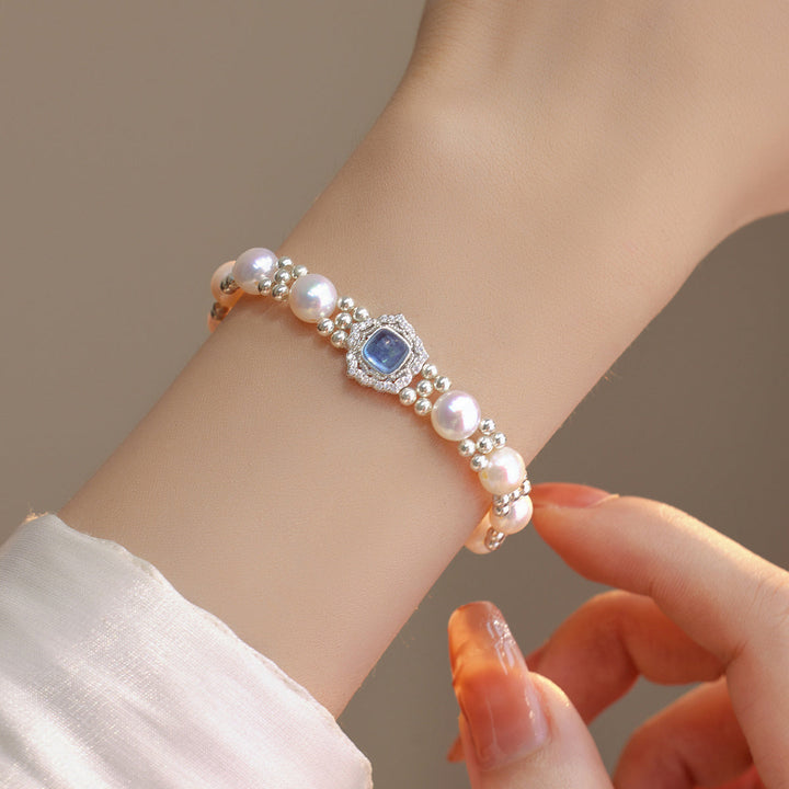 Blue Silver Pearl Gemstone Bracelet