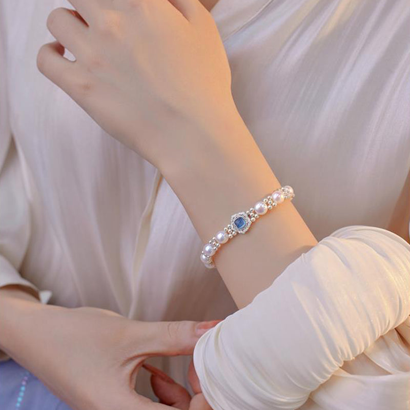 Blue Silver Pearl Gemstone Bracelet