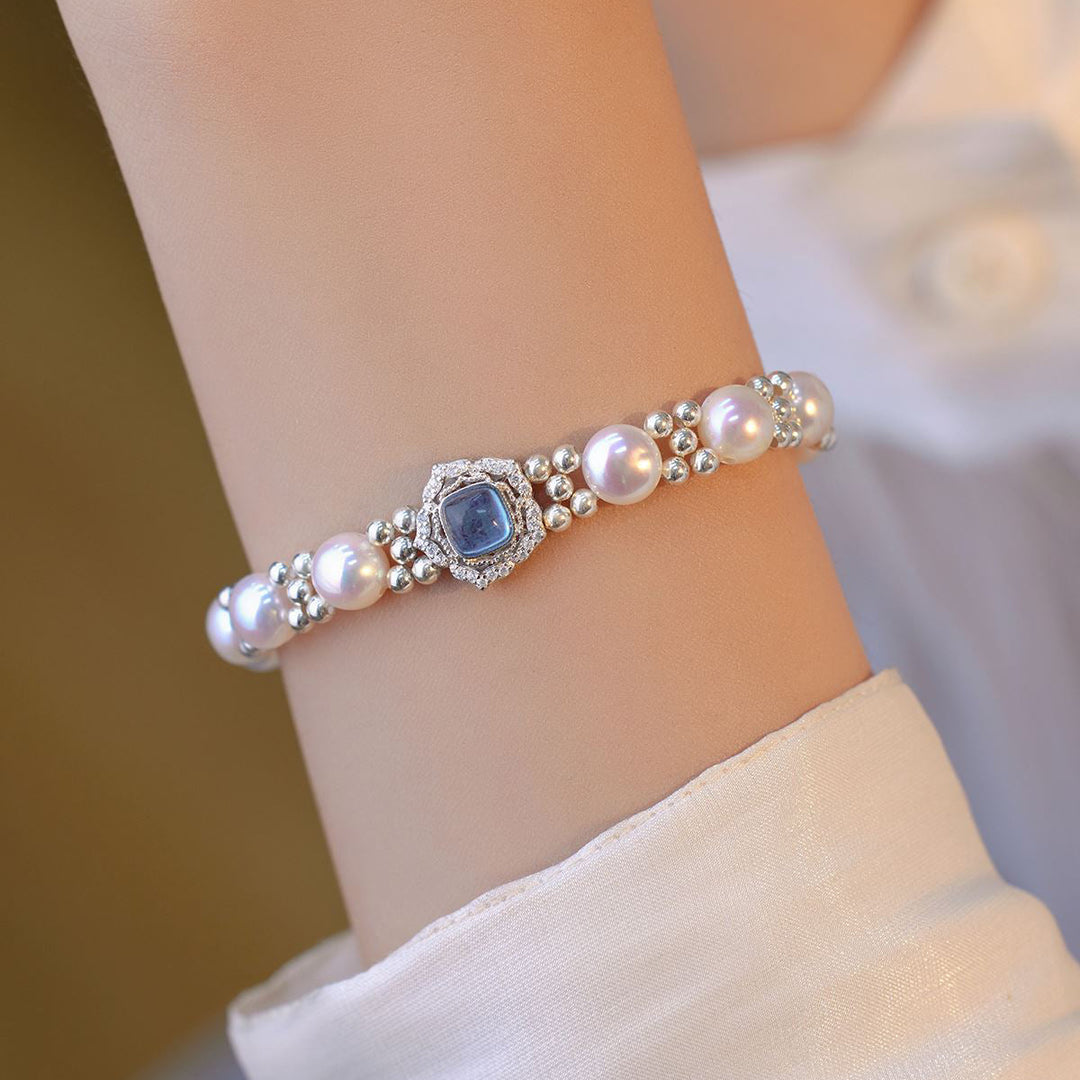 Blue Silver Pearl Gemstone Bracelet