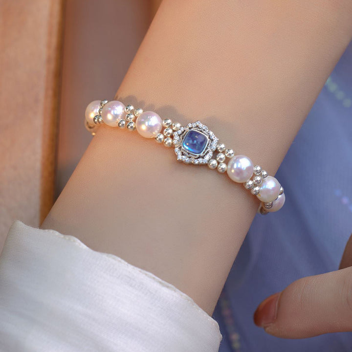 Blue Silver Pearl Gemstone Bracelet