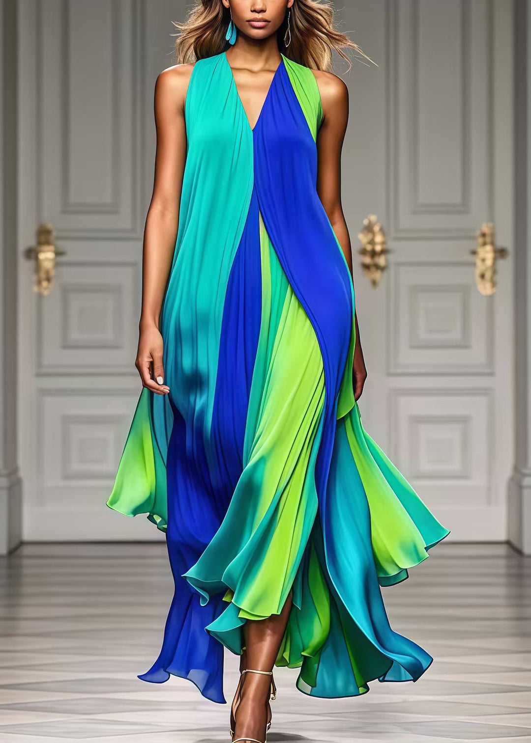 Colorblock V-Neck Chiffon Beach Dress