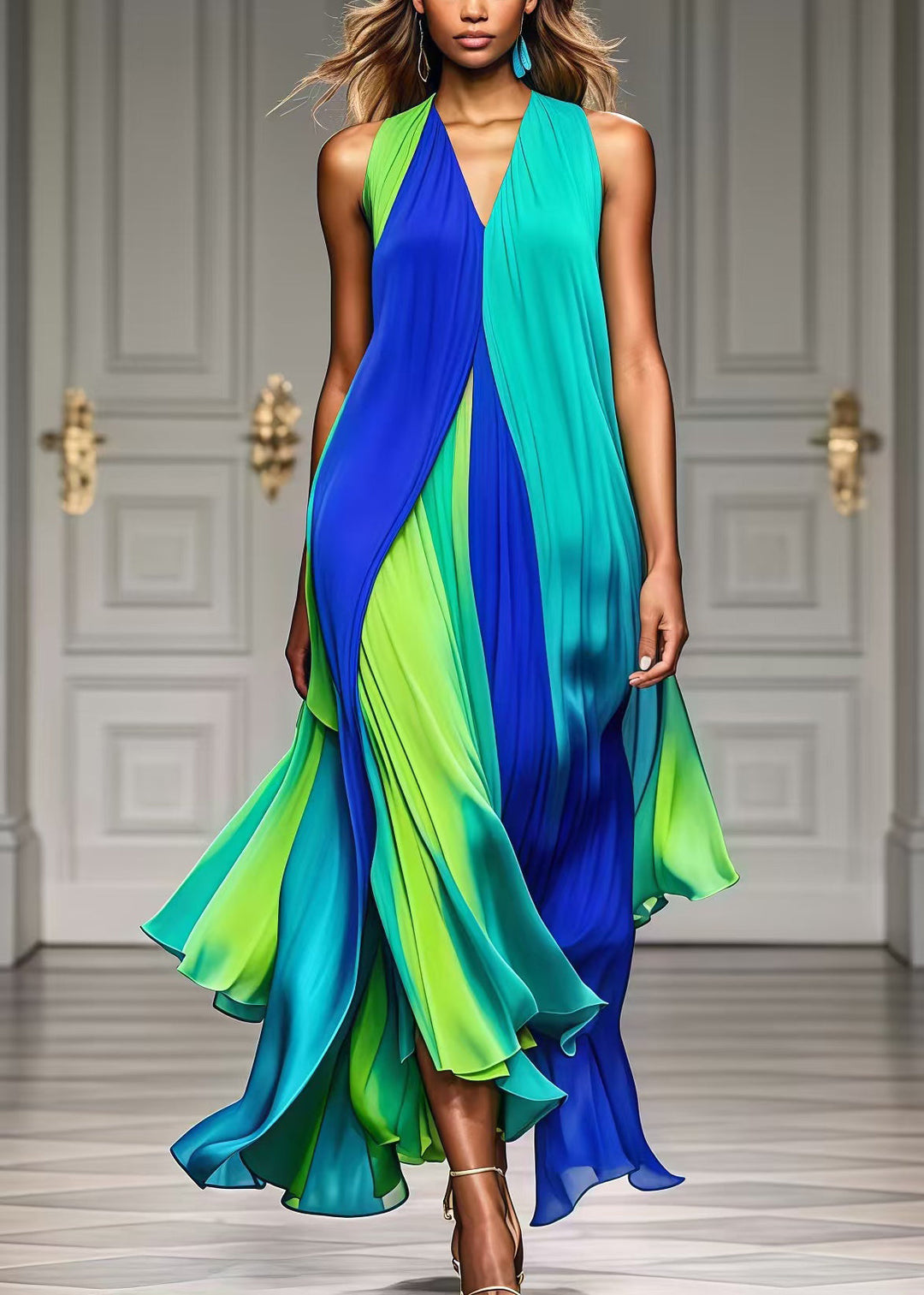 Colorblock V-Neck Chiffon Beach Dress