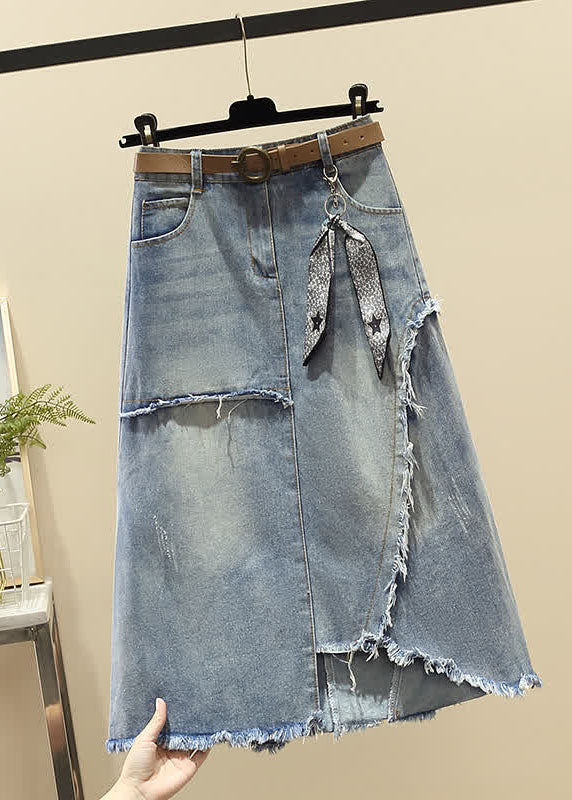 Light Blue Asymmetrical Sash Denim Skirt