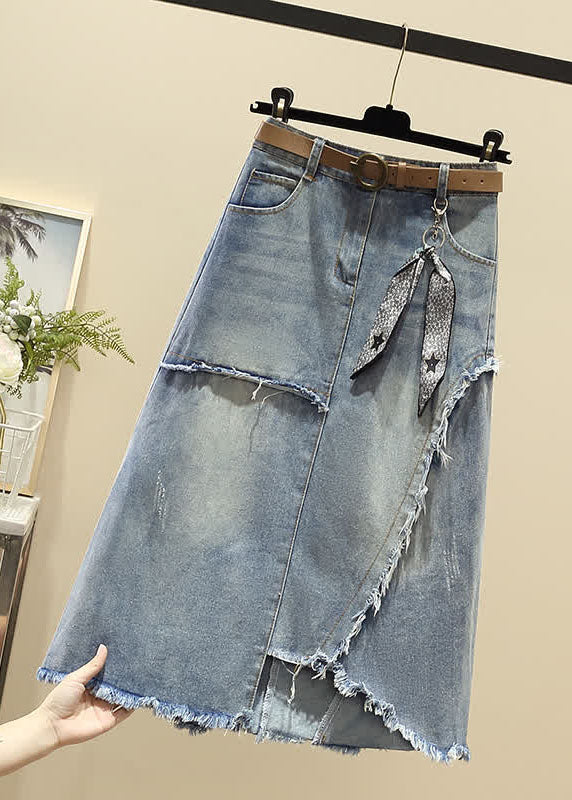 Light Blue Asymmetrical Sash Denim Skirt