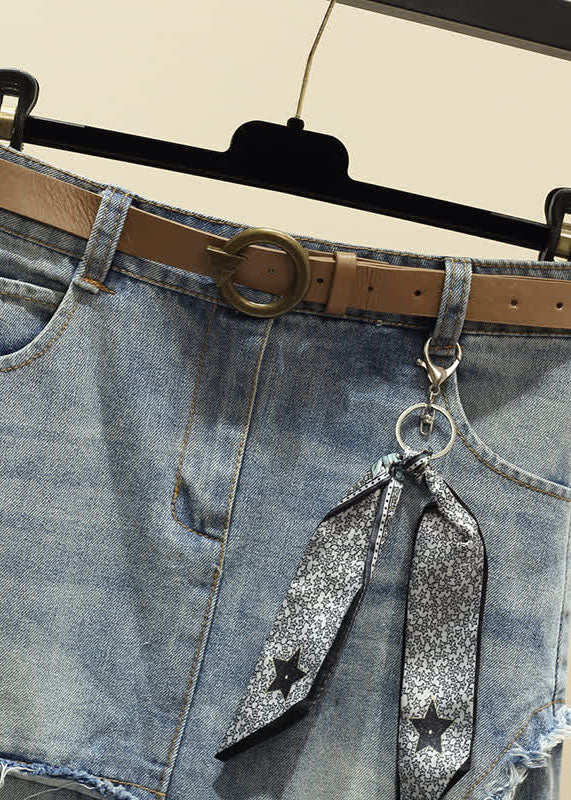 Light Blue Asymmetrical Sash Denim Skirt