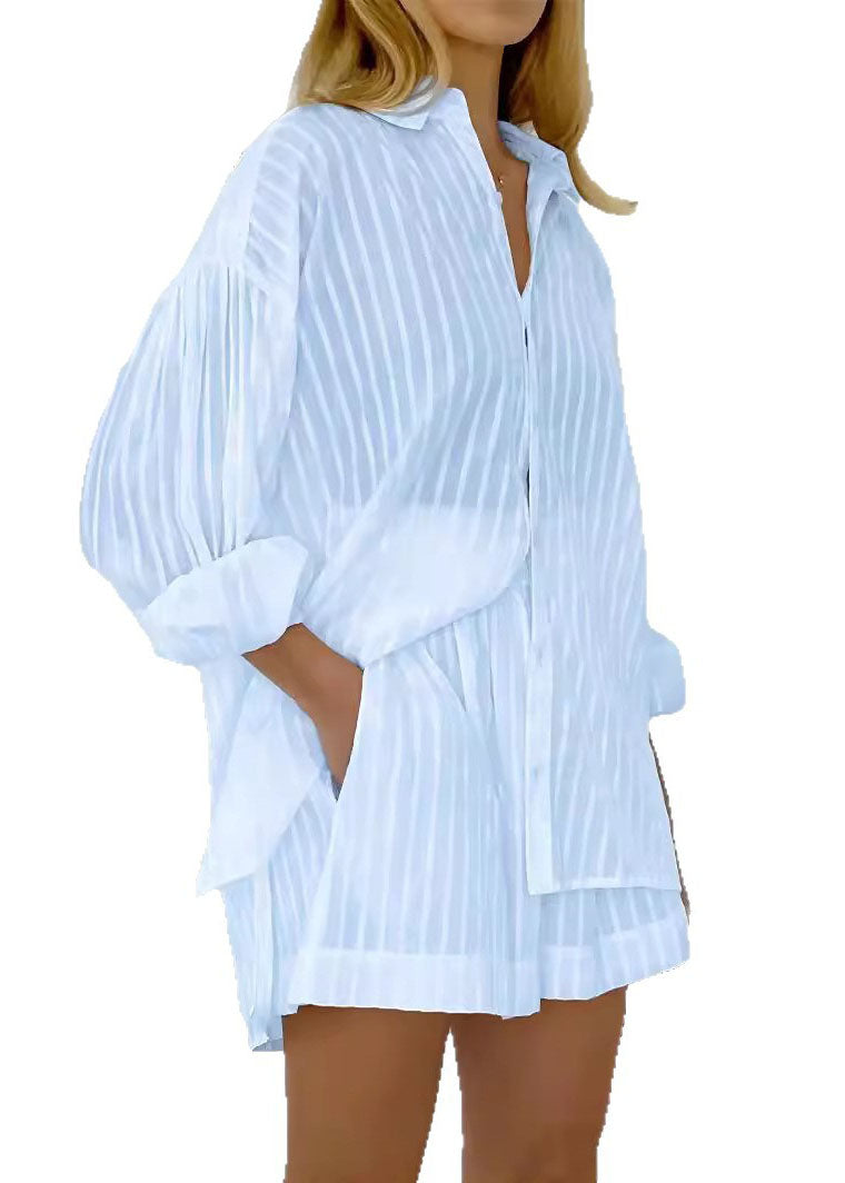 White Striped Cotton Two-Piece Set