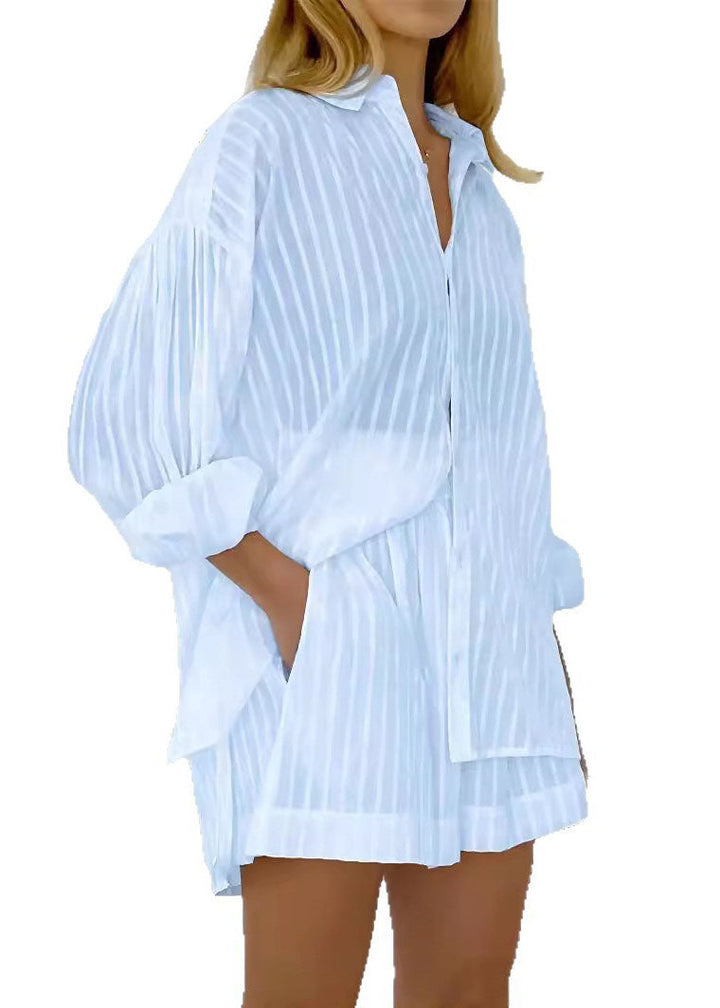 White Striped Cotton Two-Piece Set