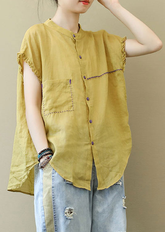 Yellow Stand Collar Linen Blouse