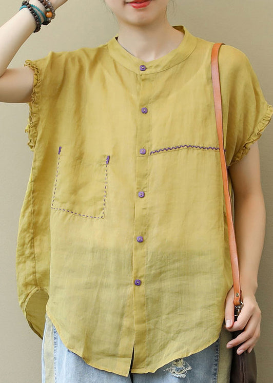 Yellow Stand Collar Linen Blouse