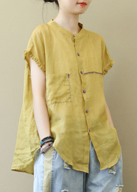 Yellow Stand Collar Linen Blouse