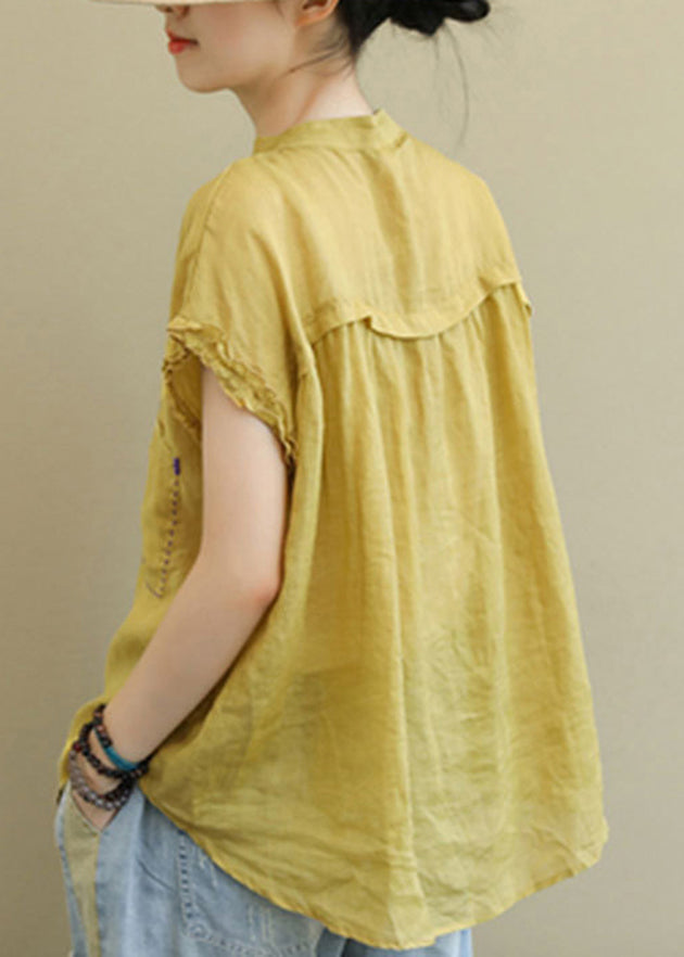 Yellow Stand Collar Linen Blouse