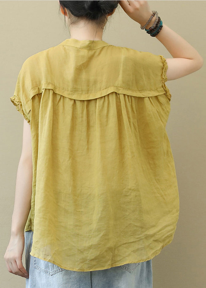 Yellow Stand Collar Linen Blouse