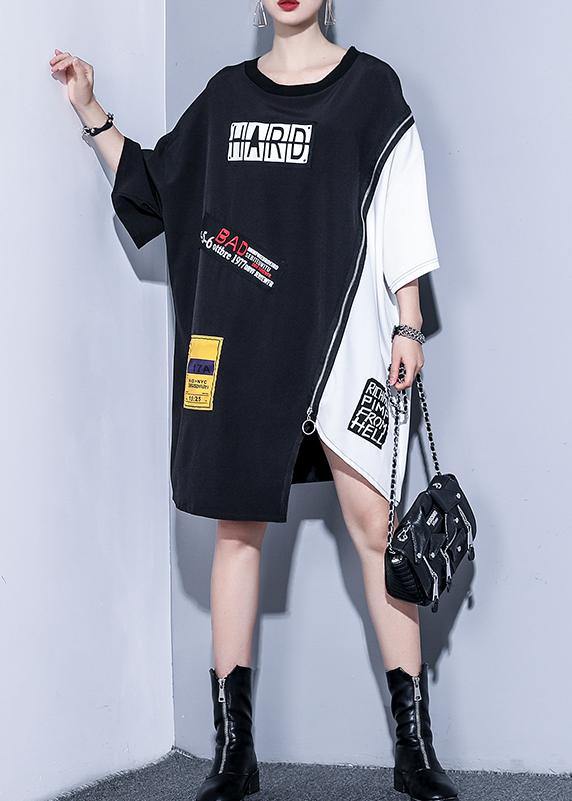 Black Cotton O-Neck Zipper Dress