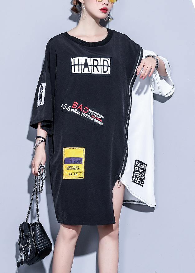 Black Cotton O-Neck Zipper Dress