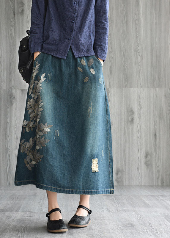 Dark Blue Embroidered Pocket Denim Skirt