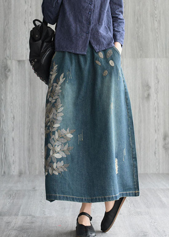 Dark Blue Embroidered Pocket Denim Skirt