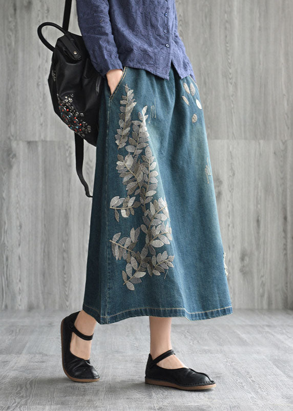 Dark Blue Embroidered Pocket Denim Skirt