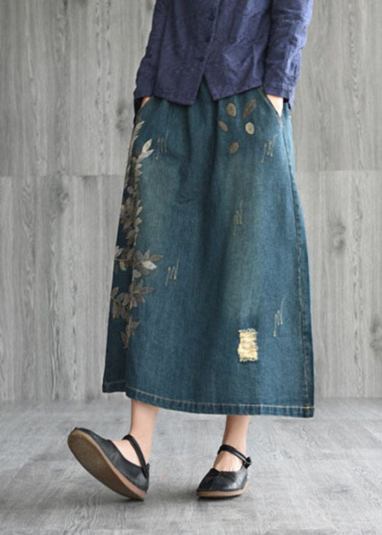Dark Blue Embroidered Pocket Denim Skirt