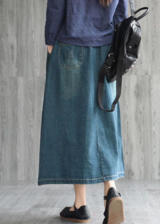 Dark Blue Embroidered Pocket Denim Skirt