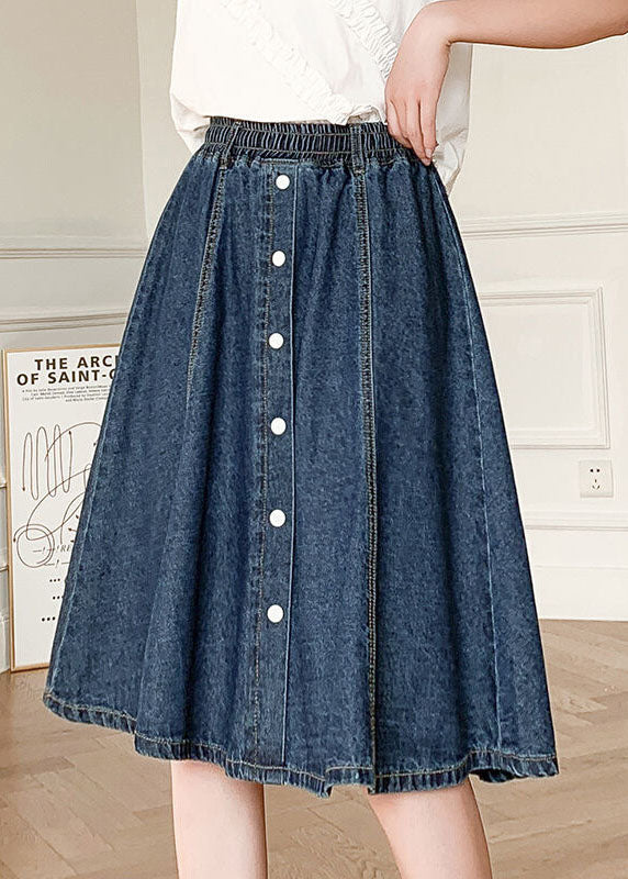 Natural Navy Blue Elastic Waist Button Cotton Denim Skirts Summer