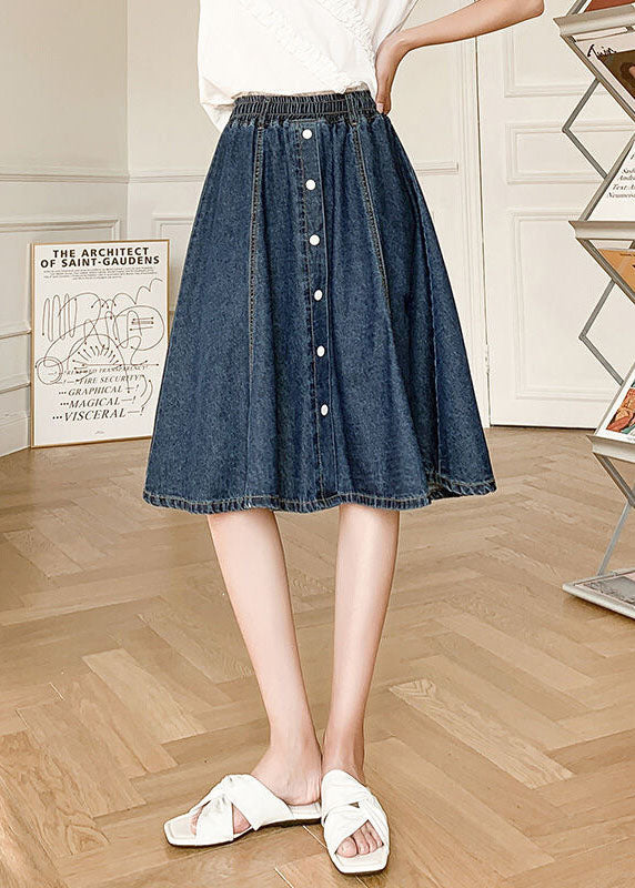 Navy Elastic Waist Button Denim Skirt