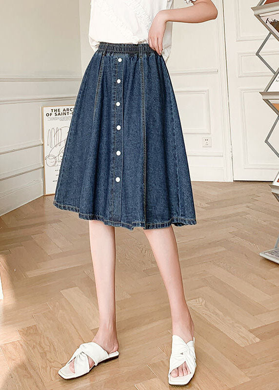Navy Elastic Waist Button Denim Skirt