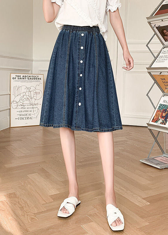 Navy Elastic Waist Button Denim Skirt