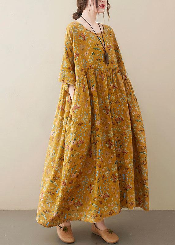 Yellow O-Neck Pocket Summer Dress