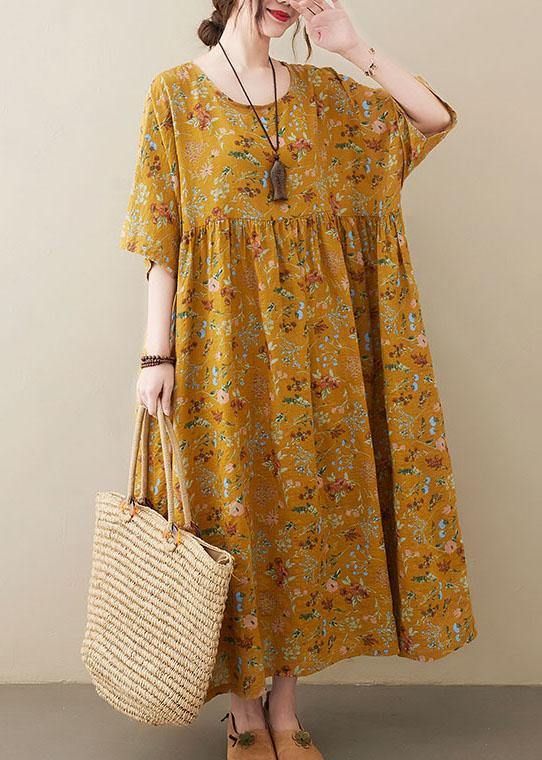 Yellow O-Neck Pocket Summer Dress