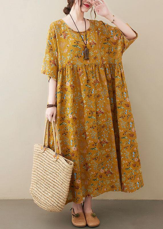 Yellow O-Neck Pocket Summer Dress
