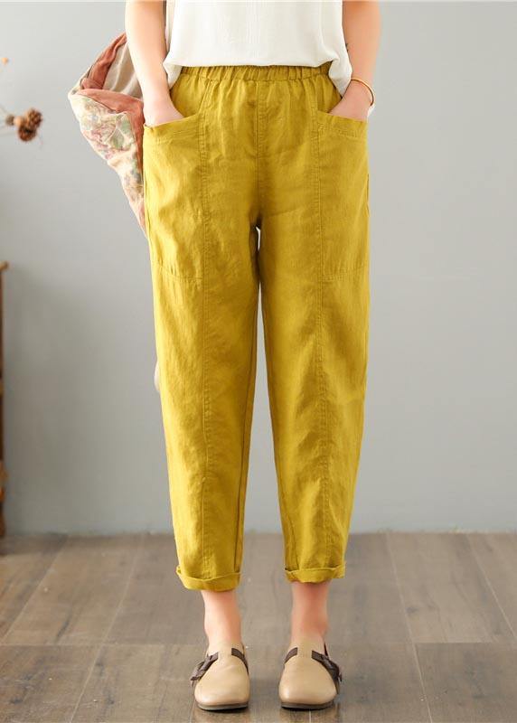 Natürliche gelbe Taschen Baumwolle Leinenhose Sommer
