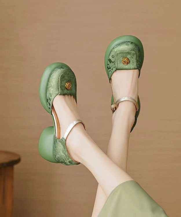 Green Embossed Buckle Chunky Sandals
