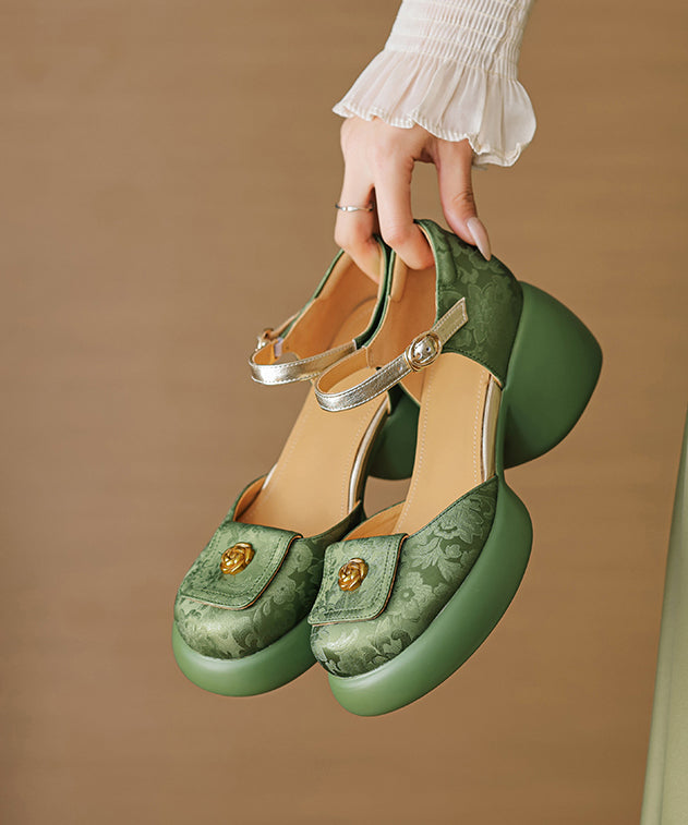Green Embossed Buckle Chunky Sandals