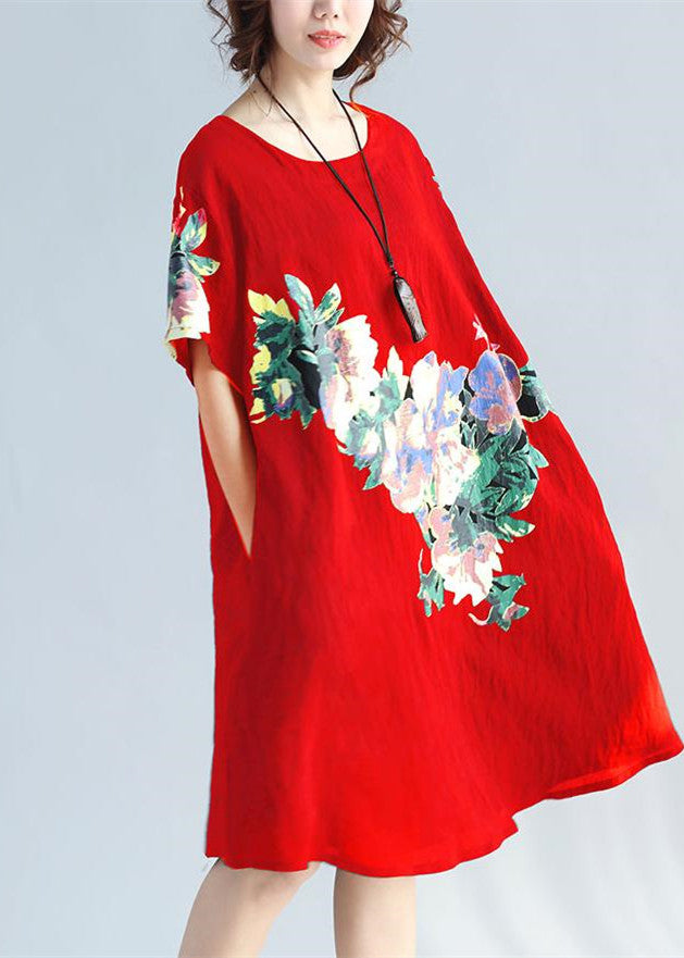 Red Print Plus Size Linen Travel Dress