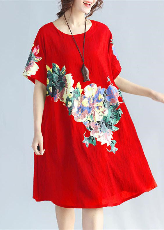 Red Print Plus Size Linen Travel Dress
