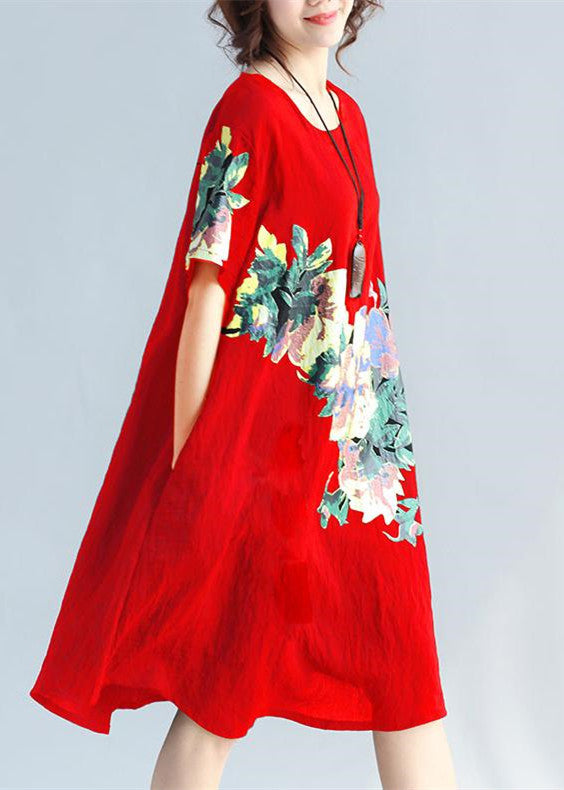 Red Print Plus Size Linen Travel Dress