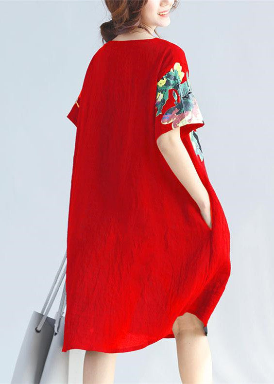 Red Print Plus Size Linen Travel Dress