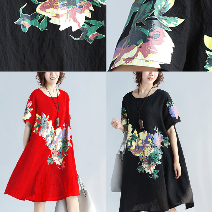 Red Print Plus Size Linen Travel Dress